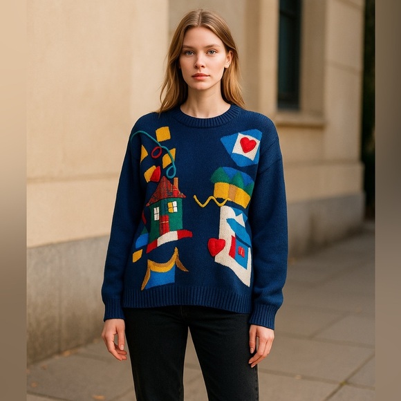 Vintage Blue Knit House Heart Crewneck Sweater - Picture 1 of 11